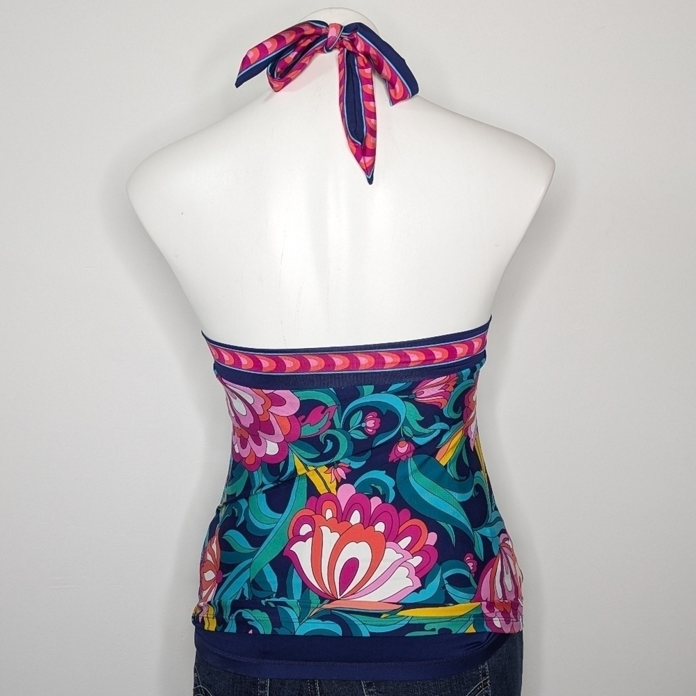 NWT Trina Turk India Garden blue high tie neck reversible tankini bikini top 2 - Picture 5 of 11